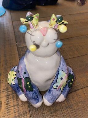 Lancôme -Painted Ceramic Cat Figurine with Colorful Butterflies